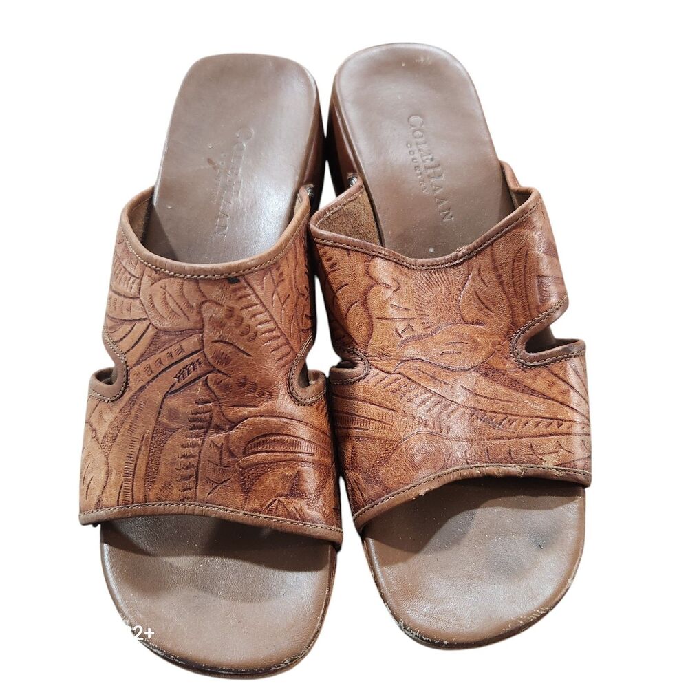 Cole Haan Country Slides Womens 6B Brown Leather Tooled Mule‎ Sandals